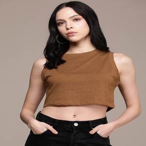 Brown Round Neck Sleeveless <b>Fit</b> <b>T</b>-<b>shirt</b> <b>Crop</b> Length Summer Wear Stylish <b>T</b>-<b>shirt</b> for Women's - Product Image 1