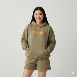 Conjunto de Sudadera con Capucha y Pantalones Cortos de Punto de Color Sólido para Invierno, Casual, Manga Larga, 100% Algodón - Product Image 1