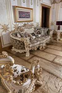 ชุดโซฟาไม้มะฮอกกานีแท้สไตล์โมเดิร์นหรูหรา พร้อมลวดลายแกะสลักด้วยมือและผ้าหุ้มเบาะ สำหรับใช้ในห้องนั่งเล่นในอพาร์ตเมนต์ - Product Image 3