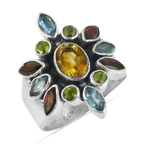 Bague Cocktail Art Palace en Argent 925 Forme Fleur, Grappe de Pierres Précieuses Multicolores Topaze, Sertissage Clos, Style Bohème, Bijoux Unisexe - Product Image 1