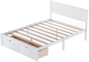SEAPEARLS Solid Pine <b>Wood</b> Full-Size White Platform <b>Bed</b> <b>Under</b>-<b>Bed</b> <b>Storage</b> Drawers Scandinavian Design Knock-Down Assembly Home - Product Image 2