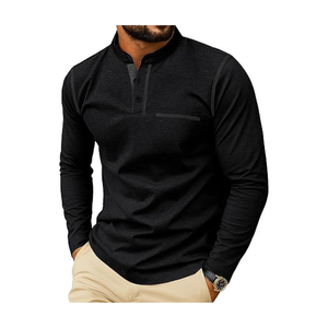 เสื้อเชิ้ตผ้าฝ้ายลำลองผู้ชายแบบ OEM / ODM |   เสื้อแขนยาวคอตั้งดีไซน์เฮนลีย์พร้อมกระเป๋าหน้าอก - Product Image 5