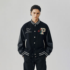 Veste d'hiver en laine pour homme, style varsity, col montant, broderies en chenille, manches en cuir, streetwear, lettres brodées - Product Image 6