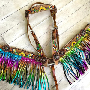 Nouvel ensemble serre-tête et collier de poitrine à franges tournesol perlé Premium Cowhide lightweightTrending designs équipement de cheval saisonnier - Product Image 1