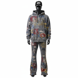 Premium 320GSM Coton Polyester Polaire Tissu Gris Couleur Avec Logo De Broderie Personnalisé Streetwear Design Survêtement - Product Image 1