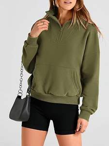 Mujeres cuarto Zip manga larga recortada invierno Casual cuello en V pulóver Tops con bolsillos sudadera - Product Image 3