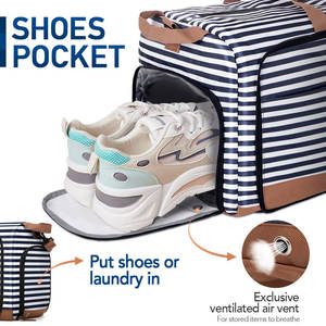 Sac de Sport <b>Striped</b> Duffel Bag – Navy <b>Blue</b> & <b>White</b> with Brown Accents, Stylish Sports & Travel Bag - Product Image 4