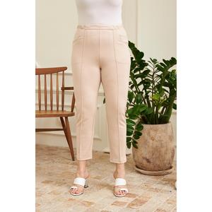 Pantalones de punto acanalado beige con cintura elástica para mujer, talla grande, RMG - Pantalones cómodos de invierno para uso diario - Product Image 1