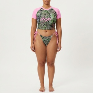 Women Plus Size Eco-Friendly Stretch Camo Letter Print Bikini Set Crop <b>Top</b> Tie Side Thongs Pink Accents Spandex Front/Waist - Product Image 1