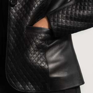 Cora <b>Quilted</b> Black Leather Blazer Business Suits Style <b>Single</b> Button Closure Knitted Woolen Fabric Solid Pattern Long Button - Product Image 4