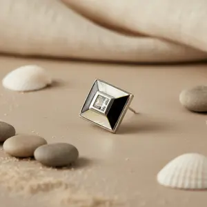 <b>Silver</b> Square <b>Stud</b> Earrings Mother Pearl Gemstone Diamond Trendy Religious Classic Style Rhodium Plated Brass Copper Ball Shape - Product Image 3