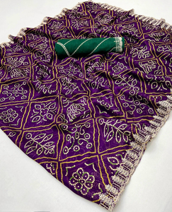 Saree léger en mousseline de soie Soft Bandhej avec bordure brodée et chemisier fantaisie contrasté pour adultes - Product Image 4