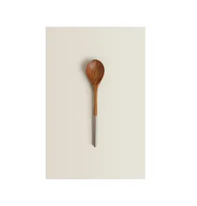 高品质木勺钢柄沙拉斯波克勺子儿童不锈钢勺子设计简单