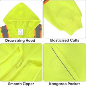 เสื้อแจ็กเก็ตผ้าฟลีซ100% สะท้อนแสงปรับแต่งได้เพื่อความปลอดภัยเสื้อสเวตเชิ้ตมีฮู้ดแบบมีซิปสีเหลือง - Product Image 3