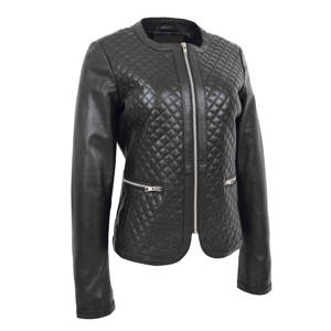 Veste en cuir souple pour femme avec logo personnalisé, sans col, design matelassé décontracté, veste en cuir noir tendance - Product Image 1