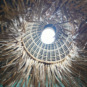 Handwoven Boho Rattan Pendant <b>Light</b> Shade with Water Hyacinth Fringe & Straw Tassel - Product Image 4
