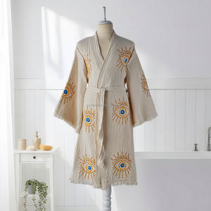 Bata de baño unisex de algodón de lujo con estampado de bloques, ligera, de lino tejido, transpirable, para primavera, verano y todo el año, ropa de dormir y de descanso. - Product Image 3