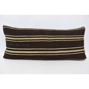 Coussin en laine à rayures marron Accent décoratif de style boho de luxe Coussin tissé de 16x36 pouces avec motif de plantes et de feuilles vintage - Product Image 1