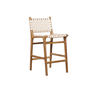 Taburete de madera maciza hecho a mano con silla de comedor de cuero blanco para uso doméstico de Indonesia - Product Image 1