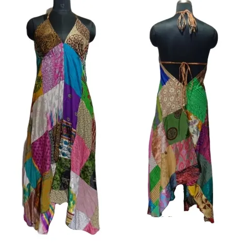 Vintage boho Dress silk and saree dress fashionable and trendy item for girl , ladies and women fashionable long dress