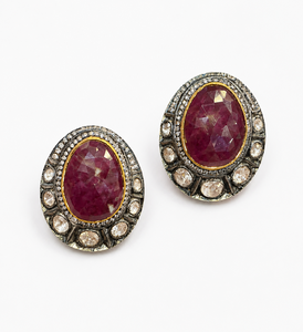 Pendientes ovalados de zafiro rojo Polki Moissanite CZ – Pendientes de tuerca de diseño victoriano - Product Image 1