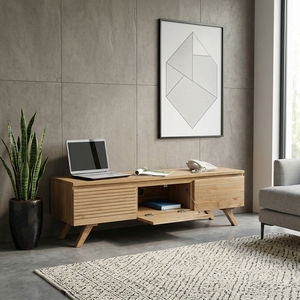 Meuble de salon en bois massif, buffet moderne du milieu du siècle avec portes à battants, console multimédia - Product Image 2