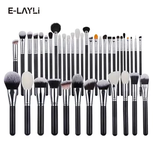 Natural Wooden Handle 40pcs Professional Black Silver Powder Foundation Blush Eye brow Brushes Cosmetic Beauty Tool