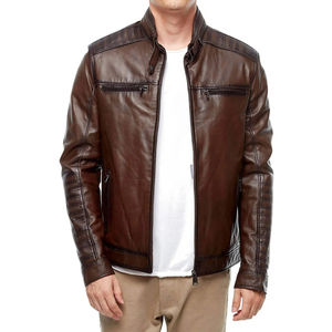 Veste pour homme en cuir véritable style motard classique, coupe ajustée, vintage, toile respirante, fermeture éclair - Product Image 1