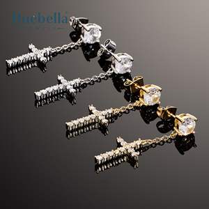 Vente chaude 925 Sterling Silver 14k Gold Iced Cross Dangle Boucles d'oreilles pour hommes Cadeau - Product Image 4