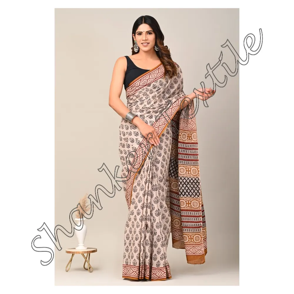 Indah tren terbaru katun buatan tangan mulmut murni cetak bekerja Saree untuk pakaian pesta dan Festival Bolyeood Saree-pakaian pesta