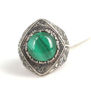 925 <b>Sterling</b> <b>Silver</b> Men's <b>Ring</b> with Natural Stone Bezel <b>Set</b> Engraved Malachite Gemstone Everyday Wear Jewelry - Product Image 4