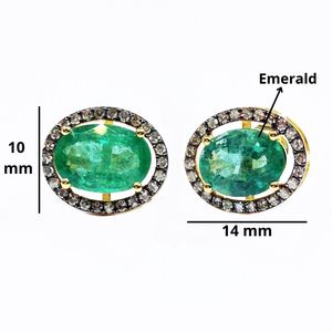 Tradicional 14K oro Esmeralda piedra preciosa compromiso clásico boda mujeres desgaste Polki diamante pendiente conjunto - Product Image 2