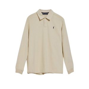 Camiseta de manga larga clásica Beige para hombre, tapeta de 2 botones | Tejido gofrado de mezcla de algodón Premium transpirable | Estilo atemporal - Product Image 1