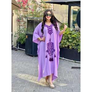 Newest Beautiful Purple Color Chic Embroidered Loose Fit 100% <b>Rayon</b> 3/4 Sleeve Kaftan V- Neck Ankle Length Boho Kaftan <b>Dress</b> - Product Image 2