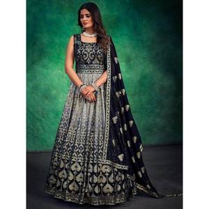 Robe de bal chic et moderne, col haut, magnifiques paillettes noires, style empire, luxe, robe formelle, coupe A, en georgette, prête à porter, avec dupatta, tailles XS à XL - Product Image 1