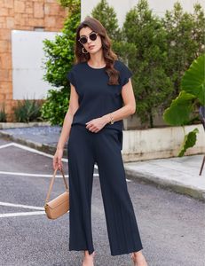 Conjuntos de salón para mujer, conjuntos de dos piezas, camisetas de manga de gorro de punto, pantalones plisados de pierna ancha, conjuntos de suéter informales y elegantes - Product Image 1