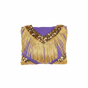 Costume de danse violet élégant avec des accents de franges dorées, tenue de performance à une manche pour femmes avec des manchons assortis - Product Image 6