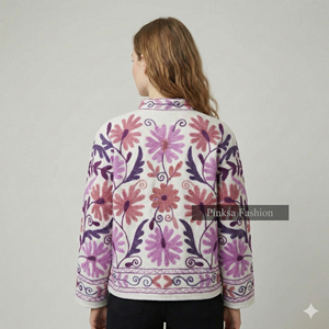 Chaqueta Artesanal Premium de Terciopelo y Algodón con Bordado Suzani Ecológico - Elegante Motivo Floral de Granada, Patrimonio Cultural - Product Image 5