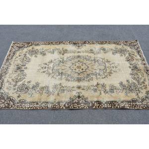 Alfombra de lana turca vintage 3,7 pies X 6,6 pies Beige marrón clásico área grande diseño de retazos rectangulares para pasillo respaldado con látex - Product Image 3