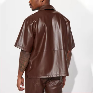 Pure PU Leather Casual Oversize Men's <b>Shirt</b> with Drop Shoulder Embroidered Custom Logo Heavyweight Fabric - Product Image 4