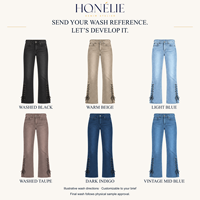 Jean coupe bootcut taille mi-haute pour femme, noir délavé, longueur intégrale, avec œillets, OEM ODM, coupe personnalisée, lavage, marque privée, vente en gros