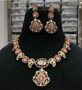 Matt Gold Plated Designer Polki Necklace <b>Set</b> with Earrings <b>Bridal</b> <b>Jewelry</b> for Wedding & Party Celebration - Product Image 1