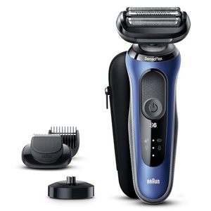 Rasoir électrique sans fil rechargeable bleu pour homme avec tête flexible et accessoire tondeuse à barbe étanche IPX7, base de charge - Product Image 1