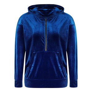 Sweats à capuche en velours pour femmes adultes couleur bleue demi-fermeture éclair pulls chauds d'hiver sweats à capuche en velours pour dame - Product Image 1