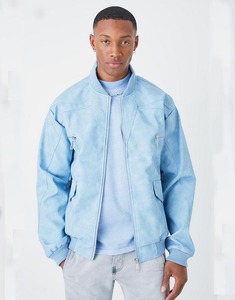 Lavage à l'acide Original en cuir de mouton bleu ciel panneau détail poitrine zips hiver moto veste personnalisé Varsity - Product Image 1