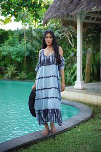 Venta caliente vestidos tradicionales mujeres señora elegante bohemio calle corbata teñida manga corta escote en V hasta el suelo lavable Kaftan - Product Image 5