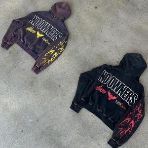 Sweat à capuche vintage pour homme, fermeture éclair intégrale, imprimé graphique No Owners, polaire épais, surdimensionné, streetwear, hip hop, veste squelette - Product Image 5