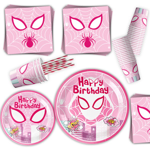 Superhero Spider Gwen Theme Pink Paper Tableware Kits Plates Cups Banner Napkins Balloons Kids' <strong>Birthdays</strong> Party Decoration Set - Product Image 3