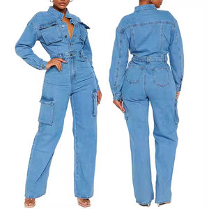 Mono de Mezclilla de Algodón 100% Personalizado de Alta Calidad para Mujer, Talla Grande, Manga Larga, Multibolsillos, Estilo Cargo, Transpirable, para Fitness y Yoga - Product Image 1