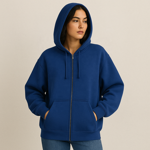 Sweat à capuche zippé bleu roi tendance grande taille, commandes en gros, haute qualité, 100% coton, polaire épaisse, 400 GSM et plus, respirant, chaud pour l'hiver - Product Image 1